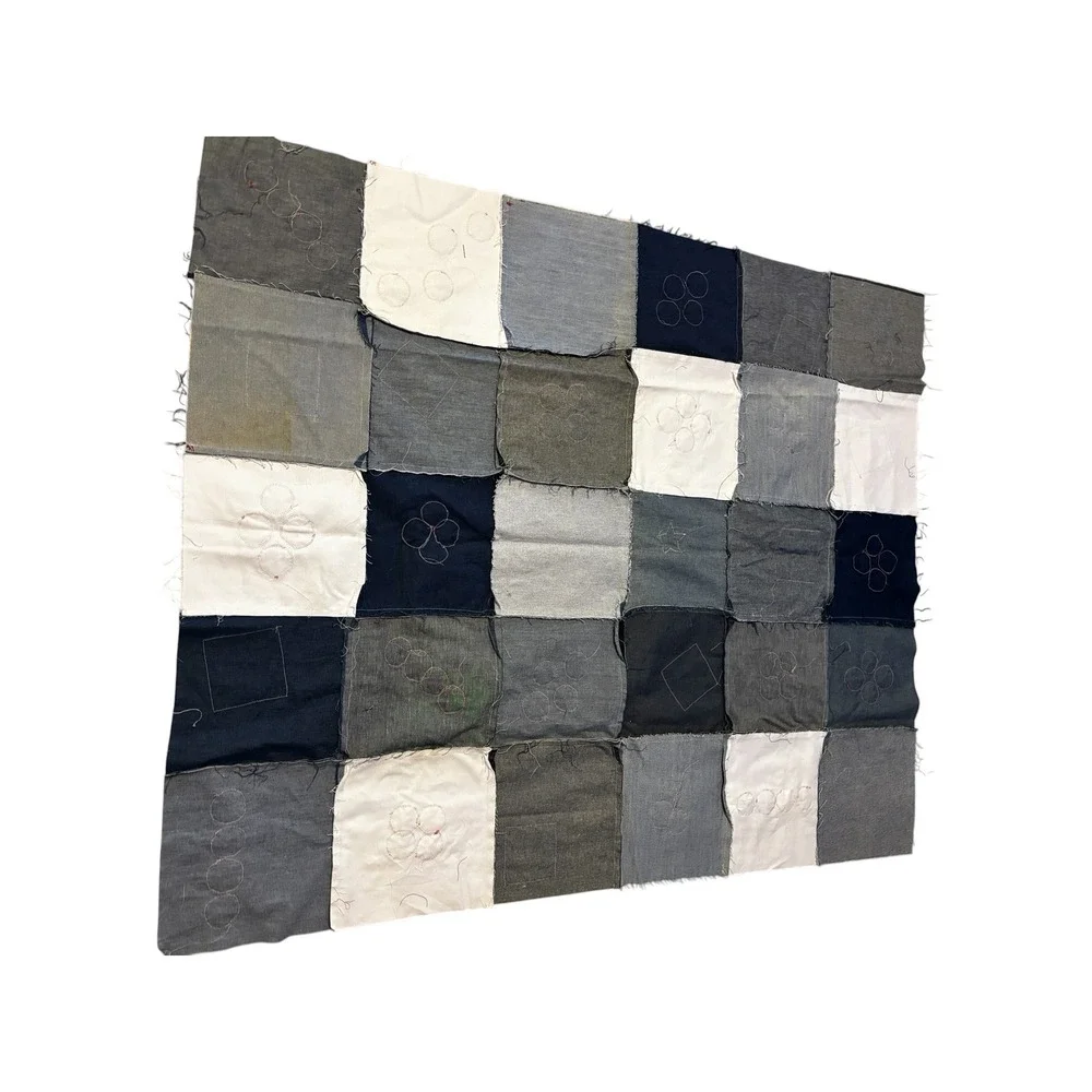 Handmade Denim Patchwork Quilt Top Unfinished  Americana Patriotic Yo-Yo 54x45